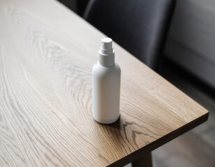 Blank white spray bottle mockup on a wooden table for cosmetic branding