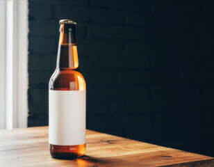 Blank amber beer bottle mockup with white label on a rustic wooden table