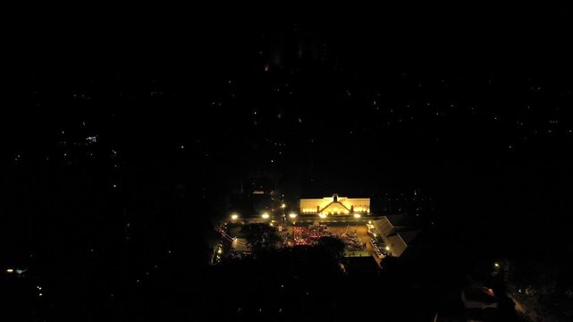 Aerial night drone view of a Big Fat Indian Wedding Venue Decoration in India