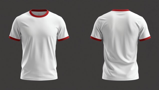 Blank ringer tee mockup in front, side, and back views isolated on grey background. 3d rendering, 3d illustration 