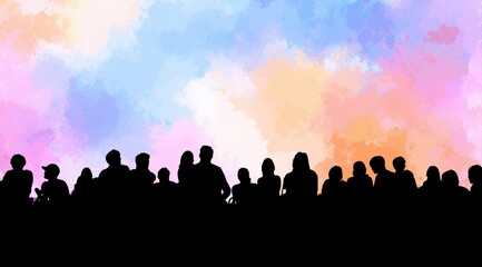 Fototapeta premium Silhouette of a crowd or audience, vector illustration on a white background with blank space for text.