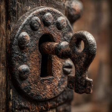 Closeup of an old rusty key in a lock on a wooden door.
