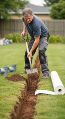 Fototapeta premium Mature caucasian male digging garden trench for lawn irrigation installation with shovel and pipes on green grass