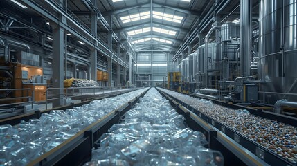 Obraz premium Automated factory production line with bottles and capsules on conveyors