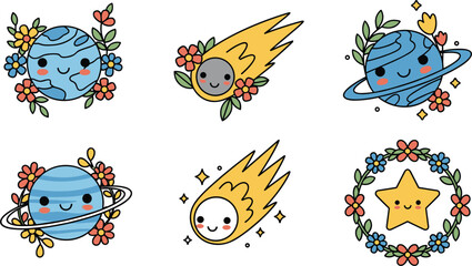 Cute Space Vector Illustration Set Featuring Cartoon Earth Saturn Comet and Star with Smiling Faces and Floral Wreath Decor © Sirajul
