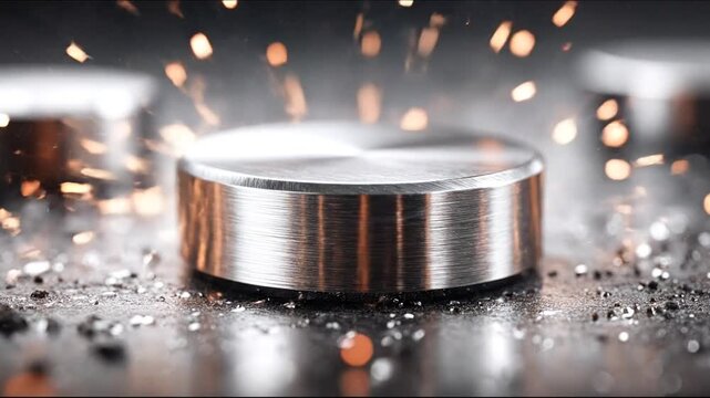 A close-up shot of a metal disc-shaped object with sparks, showing detail