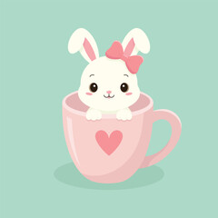 A cute little Easter bunny with a bow sits in a mug. Easter holiday element. Happy Easter vector illustration.