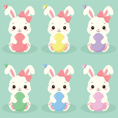 A set of Easter bunnies holding different colours eggs. Easter holiday elements. Happy Easter vector illustration.