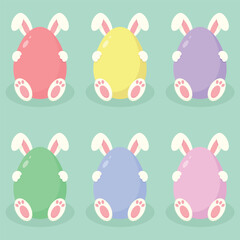A set of Easter bunnies hiding behind different colours Easter eggs. Easter holiday elements. Happy Easter vector illustration.