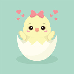 Easter chick with a bow hatched from an egg. Easter holiday element. Happy Easter vector illustration.