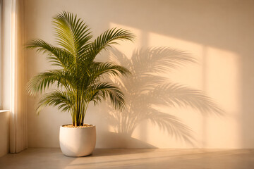 Obraz premium Elegant indoor palm tree in a minimalist white planter casting dramatic shadows on a neutral wall in warm sunset light. Ideal for modern interior design, wellness spaces, and biophilic living concepts