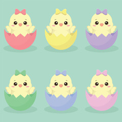 A set of Easter chickens in different colours eggs. Easter holiday elements. Happy Easter vector illustration.