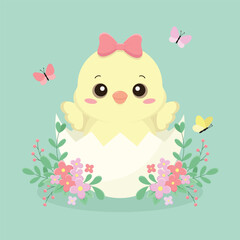 Easter chick with a bow hatched from an egg. Easter holiday element. Happy Easter vector illustration.