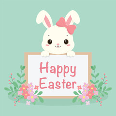 A cute little Easter bunny with a bow holds a greeting sign. Easter holiday element. Happy Easter vector illustration.