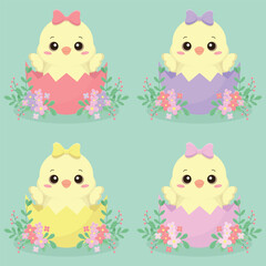 A set of Easter chickens in different colours eggs. Easter holiday elements. Happy Easter vector illustration.