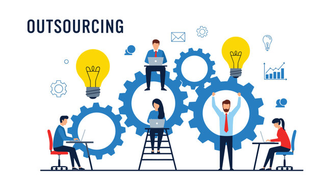 Professional business team working with giant blue gears and bright lightbulbs to symbolize outsourcing services and creative group innovation.