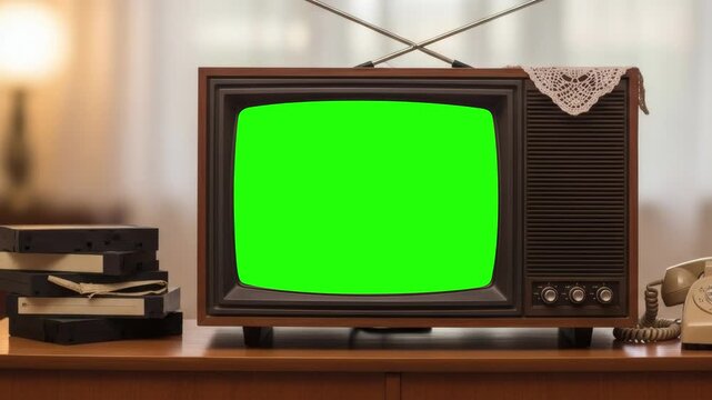 old tv set with green screen footage
