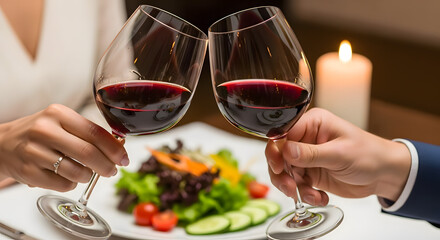 Obraz premium A close-up image of two individuals making a heartfelt toast with elegant glasses of rich red wine during a romantic candlelight dinner, symbolizing a special celebration and anniversary.
