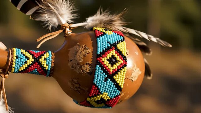 Traditional Native American Gourd Rattle with Colorful Beadwork and Feathers