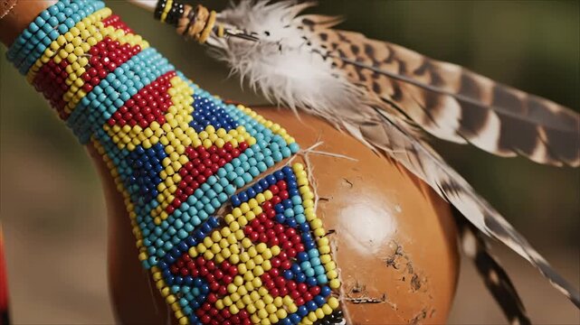Macro View of Intricate Beadwork on Indigenous Ceremonial Rattle