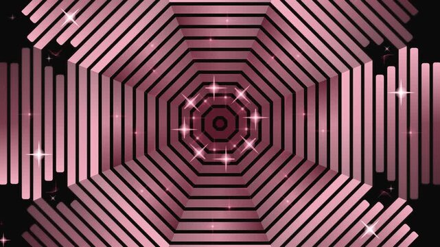 Geometric pattern of concentric hexagons with glowing pink lines and stars
