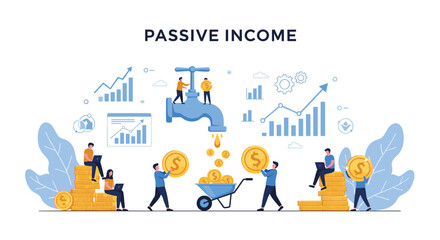 Fototapeta premium Small people collecting gold coins from a giant water faucet into a wheelbarrow to represent passive income and continuous wealth generation ideas.