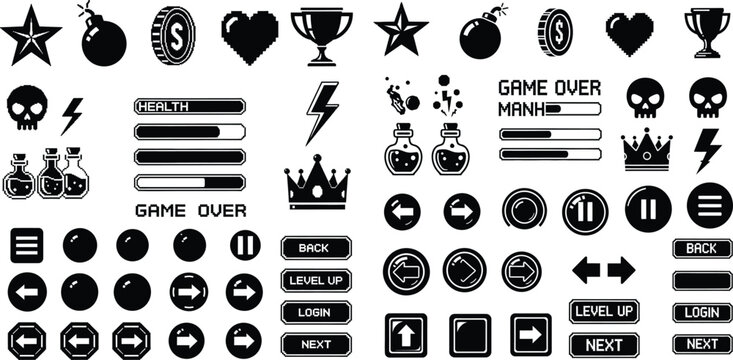 Collection of pixel art game interface elements for retro video game design with various menu buttons