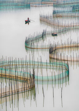 View of a solitary rower navigates the serene waters amidst a labyrinth of fishing nets, creating a mesmerizing pattern of lines and reflections, Xiapu, Fujian, China.