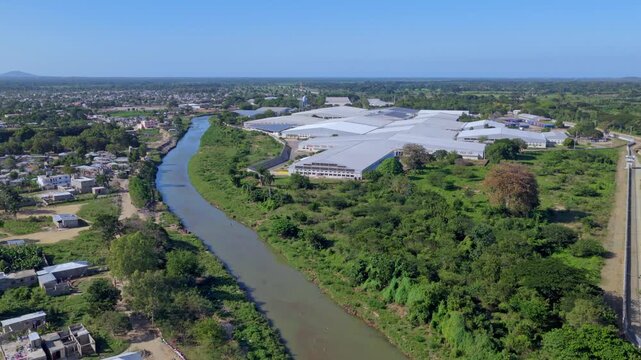 CODEVI industrial park and factory buildings in the free trade zone on the border in Dajab&oacute;n, Dominican Republic. Aerial forward