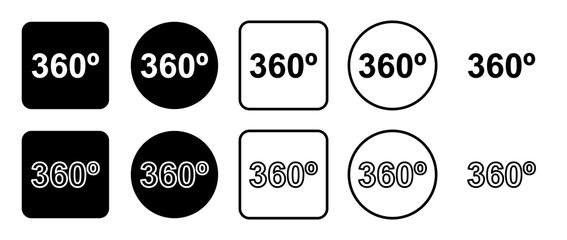 Icon set of 360 degree symbol. Filled, outline, black and white icons set, flat style.  Illustration on transparent background