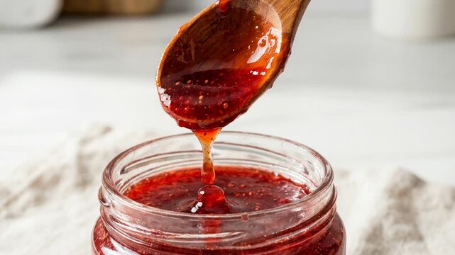 Wooden spoon dipping into glass jar of red sauce on white surface. Dripping viscous jam from spoon in sequence. Food close-up for recipe demonstration and culinary ingredient preparation concept