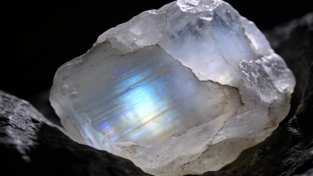Moonstone crystal rotating to show iridescent glow. Natural translucent gemstone with labradorescence effect. Close-up views of white feldspar mineral for jewelry inspiration