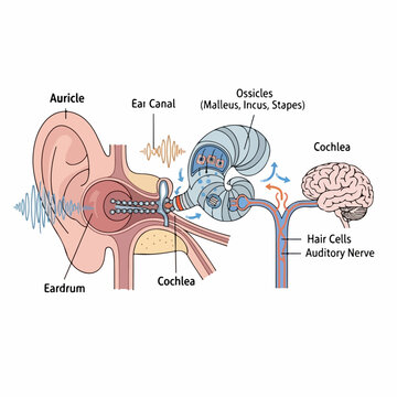 Illustrated Diagram of the Human Ear Anatomy and the Mechanism of Hearing, highlighting key structures like the cochlea and auditory nerve.