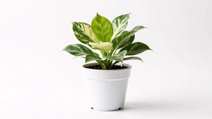 Obraz premium A lush houseplant with vibrant variegated leaves in shades of green and creamy white grows from a simple white pot, isolated on a white background for a seamless and minimalist botanical aesthetic.