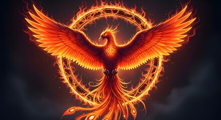 A magnificent phoenix with fiery wings rising from a blazing ring.
