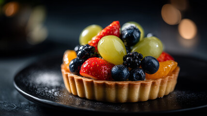 ダーク背景に映える彩り豊かなフルーツタルト｜高級感・シック