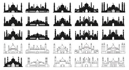 Fototapeta premium Collection of Diverse Mosque Silhouettes and Line Art Illustrations Representing Islamic Architectural Designs and Spiritual Places of Worship