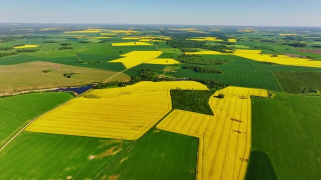 High altitude aerial reveals patchwork fields forests and ponds in daylight