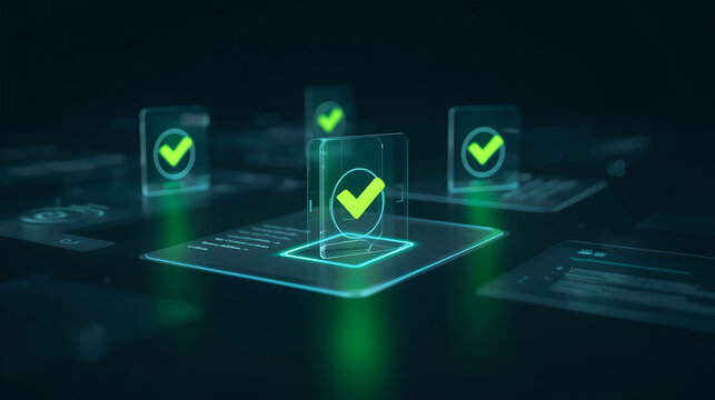 Quality Assurance Concept with Glowing Digital Check Marks and Data Verification Symbols