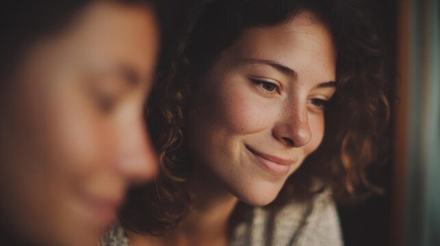 Close-up portrait of a young woman with curly hair. she is looking out of a window with a slight smile on her face.