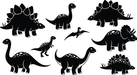 Collection of black dinosaur silhouettes including stegosaurus triceratops and brontosaurus, cute prehistoric animal vector icons for kids design and education © Mehedi