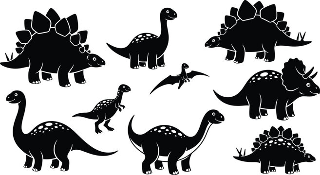 Collection of black dinosaur silhouettes including stegosaurus triceratops and brontosaurus, cute prehistoric animal vector icons for kids design and education