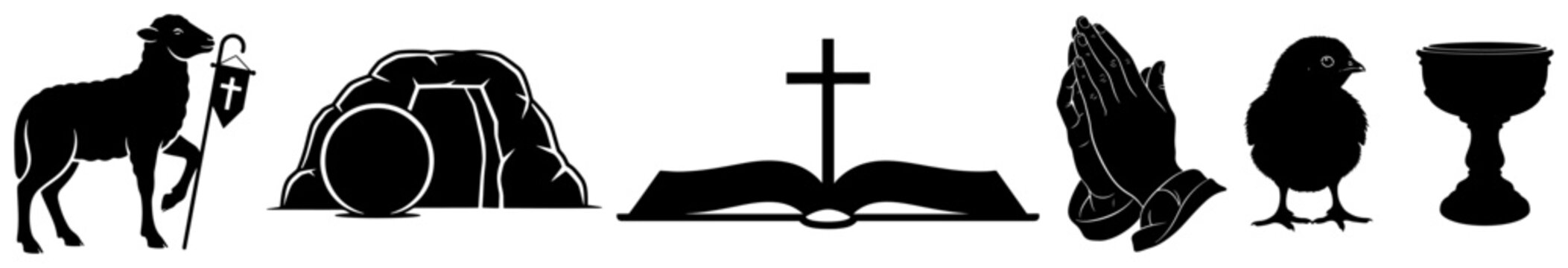 Horizontal row of Christian silhouette icons including lamb empty tomb and open bible