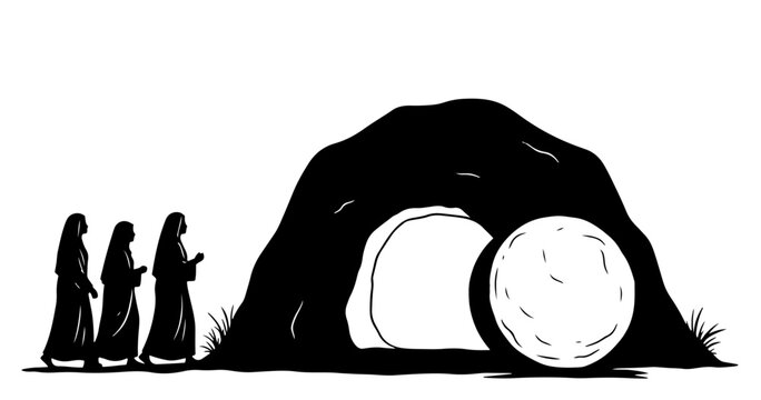 Silhouette of three women approaching the empty tomb of Jesus Christ during resurrection