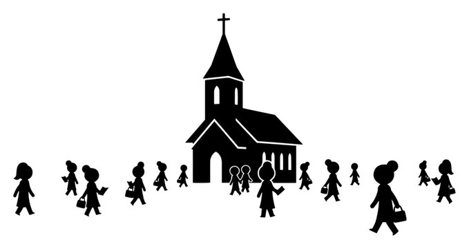 Silhouette illustration of a group of people walking towards a Christian church for service