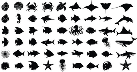 Black sea life silhouette set, ocean animal icons with fish shark octopus turtle and shells, marine creature vector for aquatic design, © Mehedi