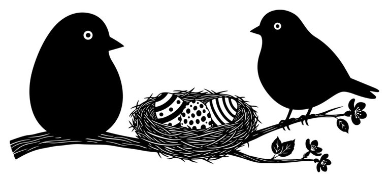 Hand drawn silhouette of birds sitting on a branch next to a nest with decorated eggs and spring blossoms