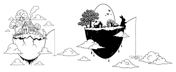Surreal fantasy scene of a bunny fishing from a floating egg shaped island with a house and clouds © Camel