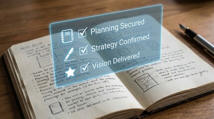 Naklejka premium Business planning and strategy concept with notebook pen and vision checklist on wooden desk for productivity and goal setting