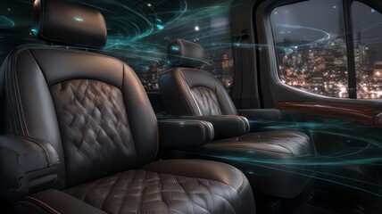 Fototapeta premium Luxurious captain's chair interior within a modern vehicle cabin showcasing sophisticated quilted leather upholstery and futuristic digital connectivity overlays at night